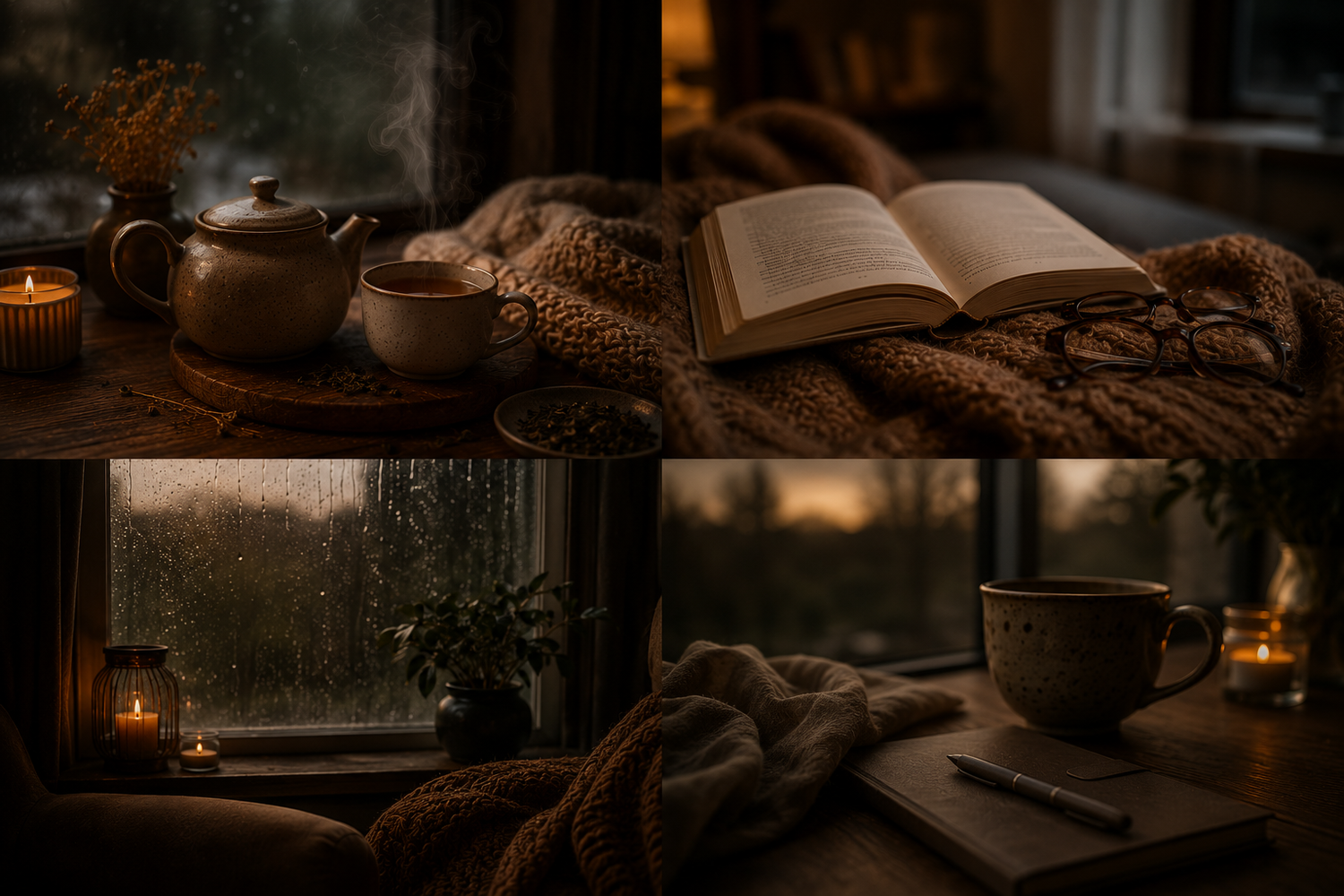 Editorial collage featuring peaceful slow living rituals including brewing tea, reading a book, watching rain through a window and quiet journalling, all captured in warm amber lighting with cosy textures to represent mindful moments that help reduce daily distractions and create calm.