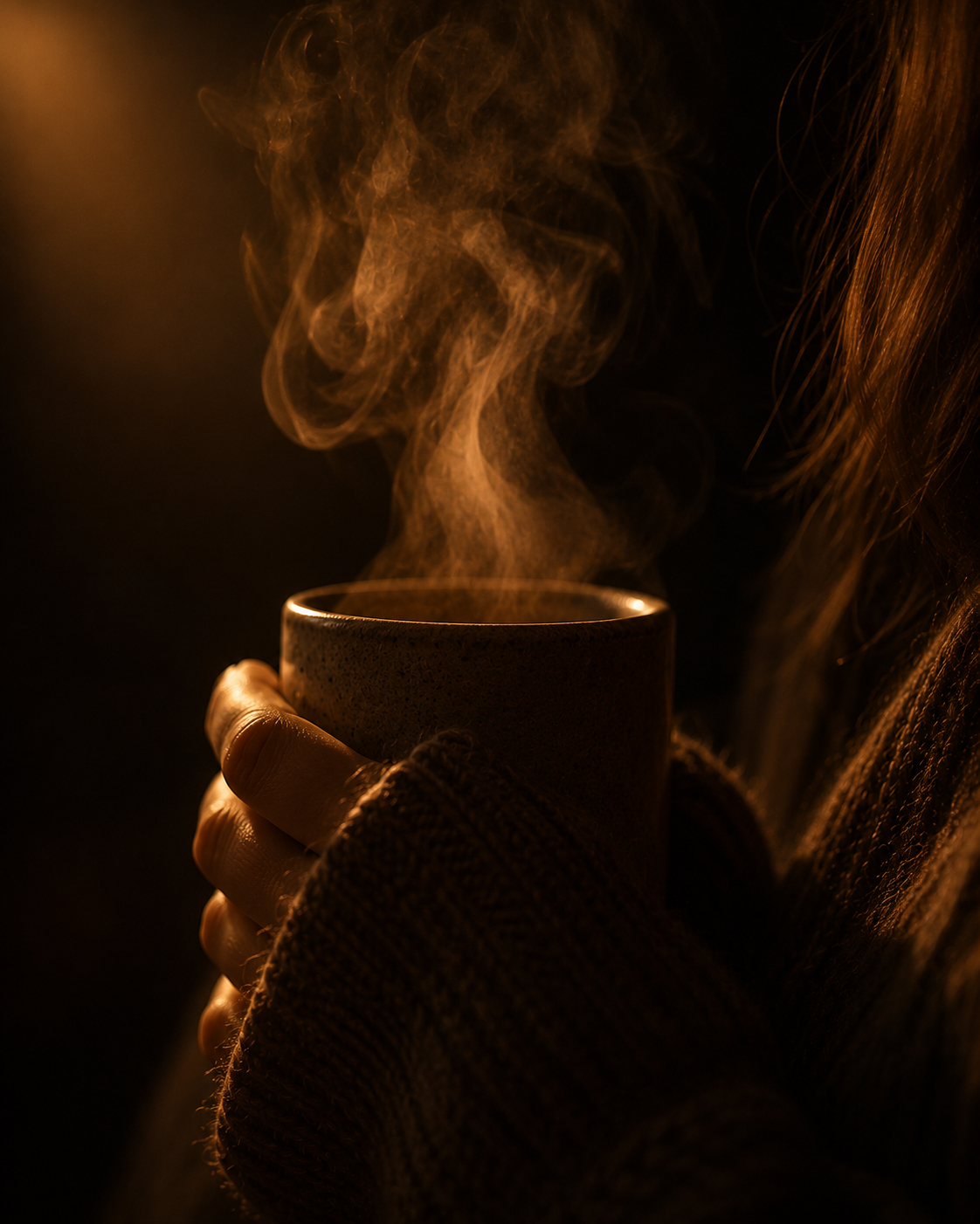 Steam drifting beside a ceramic mug in soft amber lighting with no face shown, creating a cinematic cosy slow living atmosphere.