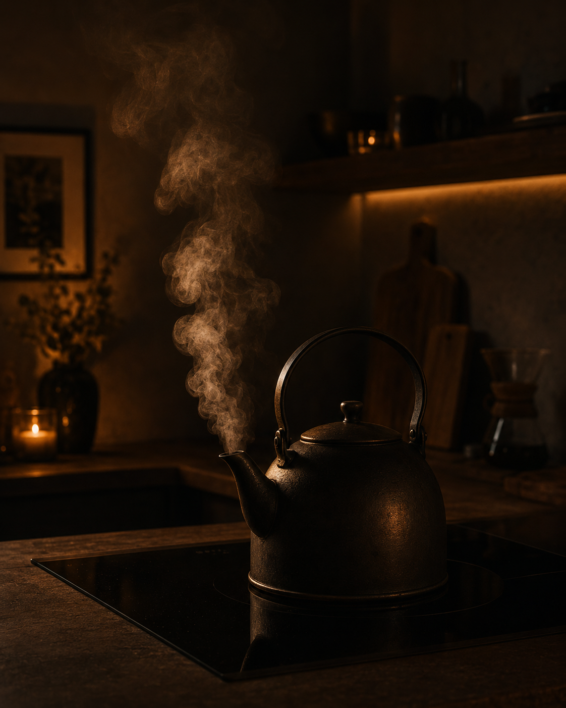 Steam rising from a kettle in a dark quiet kitchen with warm amber lighting and a peaceful cinematic slow living atmosphere.