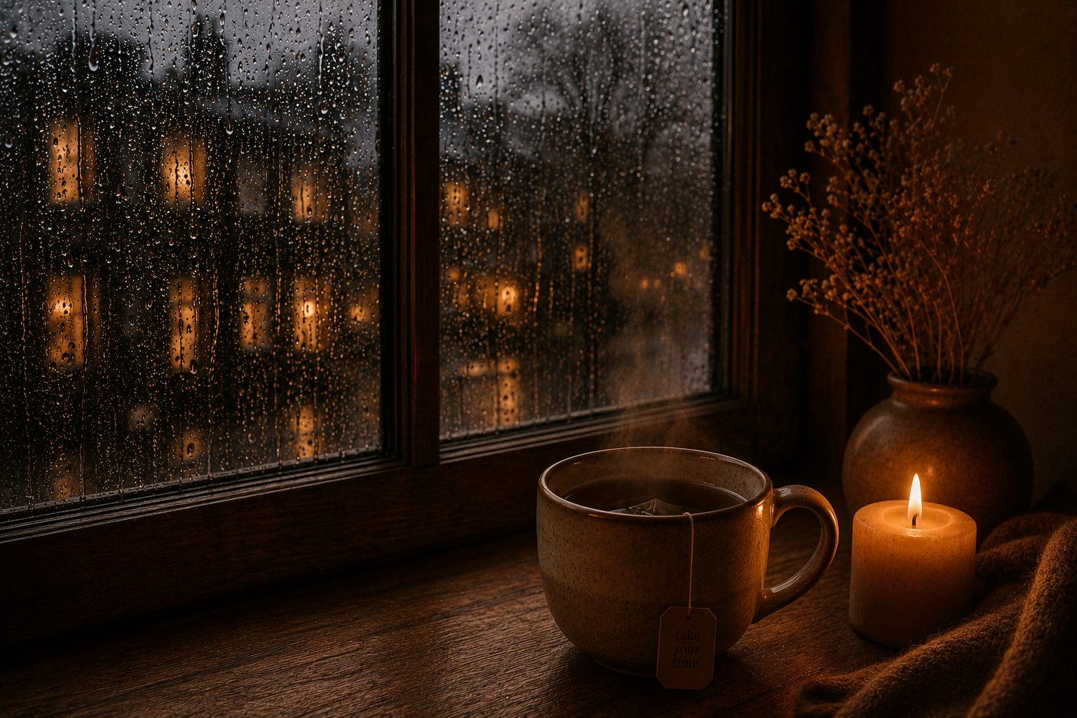 Steaming tea mug beside a rain covered window with warm amber candlelight, deep moody shadows and a peaceful slow living atmosphere.