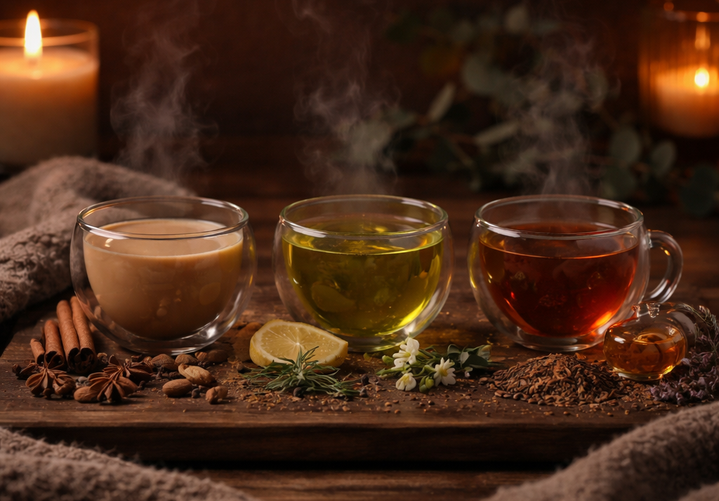 Three cups of tea including chai, green tea and rooibos with spices and natural ingredients in a cosy warm setting
