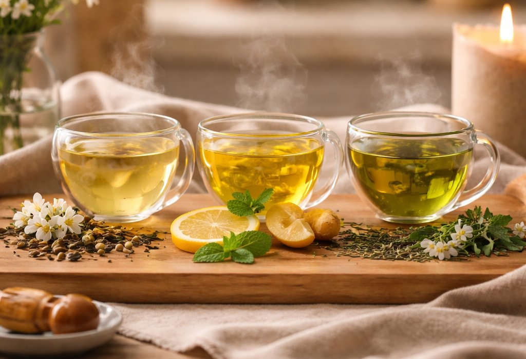 Three cups of tea including jasmine, lemon and ginger and green tea in a soft natural daylight kitchen setting
