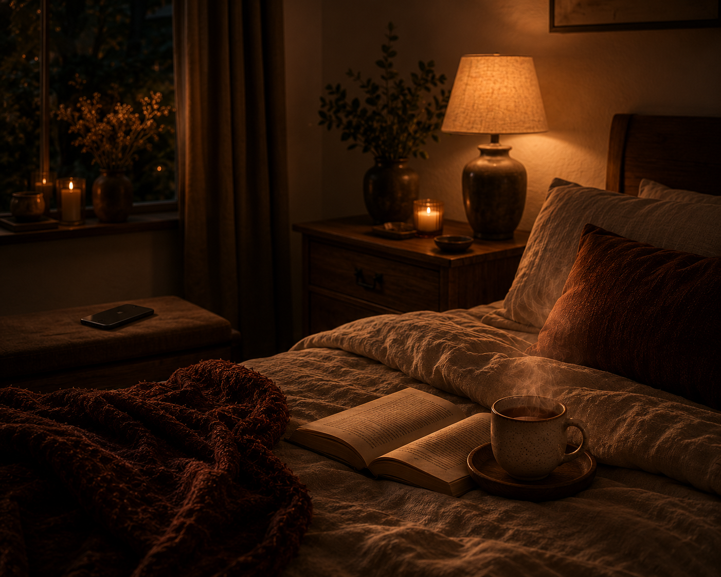 A warm amber lit bedroom with linen bedding, candlelight, steaming herbal tea beside an open book, and a phone placed face down across the room in a calm cinematic slow living atmosphere.