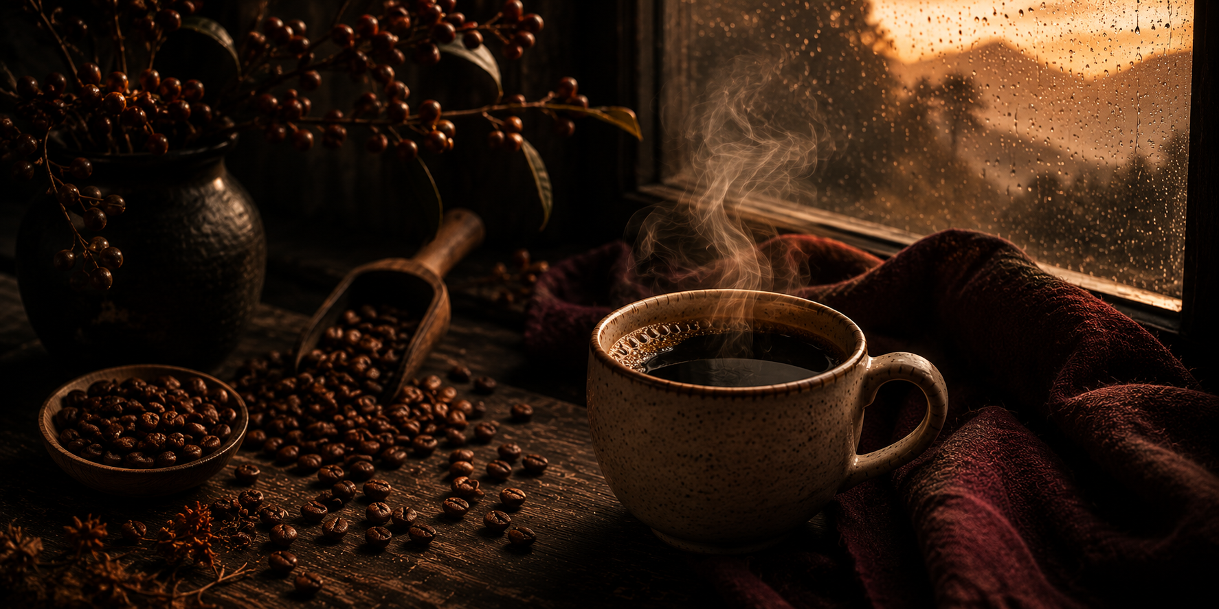 A moody cinematic Rwandan coffee scene featuring a steaming cup of black coffee beside roasted coffee beans, deep burgundy linen textures, and rain covered windows in warm amber Warmery inspired lighting.