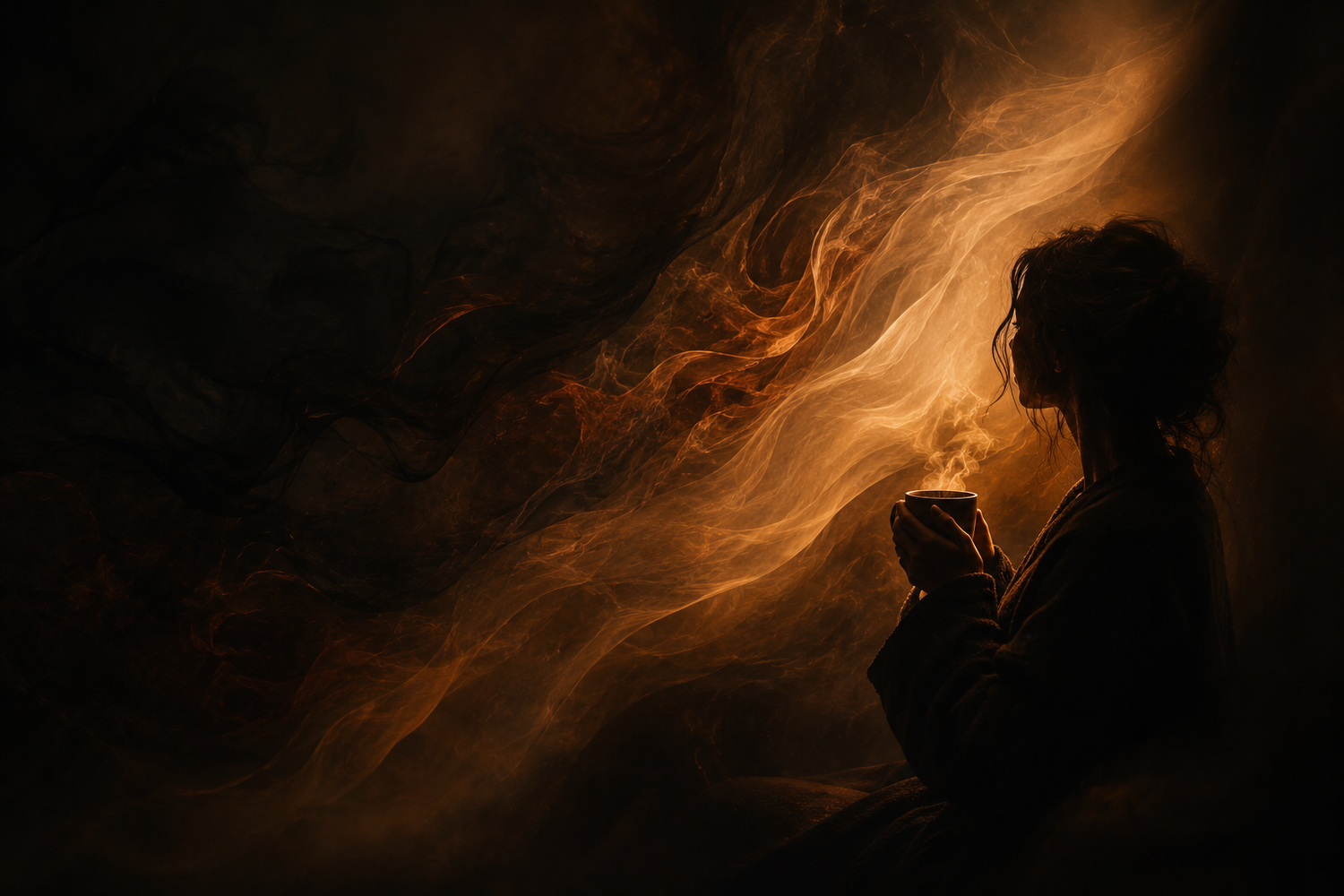 An abstract cinematic scene showing a silhouetted person holding a warm cup close to their chest while flowing amber light cuts through dark chaotic shadows, with soft steam rising and deep Warmery-inspired tones creating a symbolic atmosphere of tension and calm.