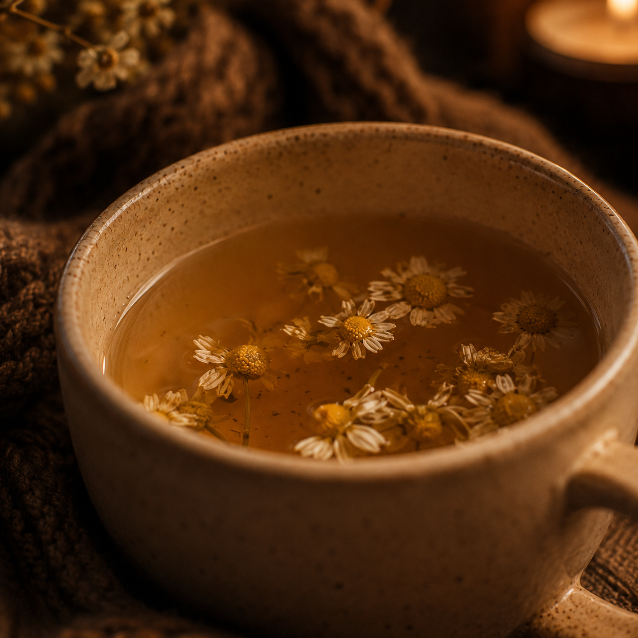 Close up of chamomile tea in a speckled ceramic mug with delicate chamomile flowers floating on the surface, surrounded by soft knitted textures and warm amber lighting for a calm and cosy atmosphere.