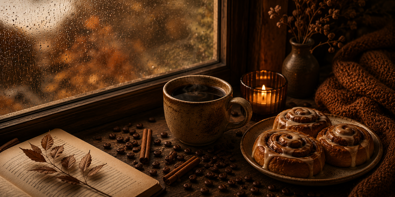 A cosy cinematic window scene featuring a steaming cup of coffee beside warm cinnamon rolls, candlelight, rain covered glass, and soft knitted textures in rich amber Warmery inspired tones.