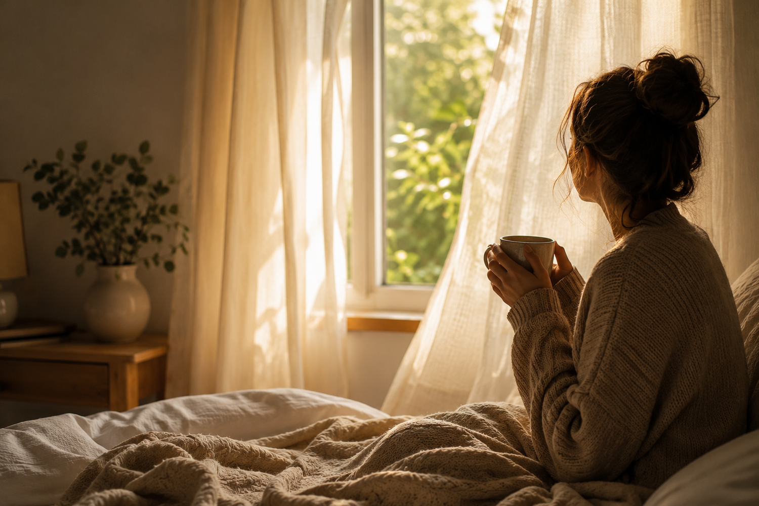 A calm morning bedroom scene with soft sunlight through sheer curtains, cosy neutral blankets, and a warm mug held beside an open window creating a peaceful and grounding start to the day.