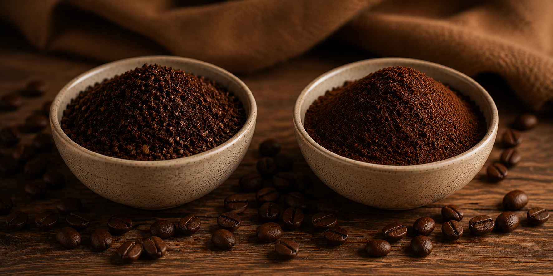 A warm moody banner featuring two ceramic bowls filled with coarse Colombian coffee grounds and fine filter coffee on a rustic wooden surface, surrounded by scattered roasted coffee beans in soft amber lighting.