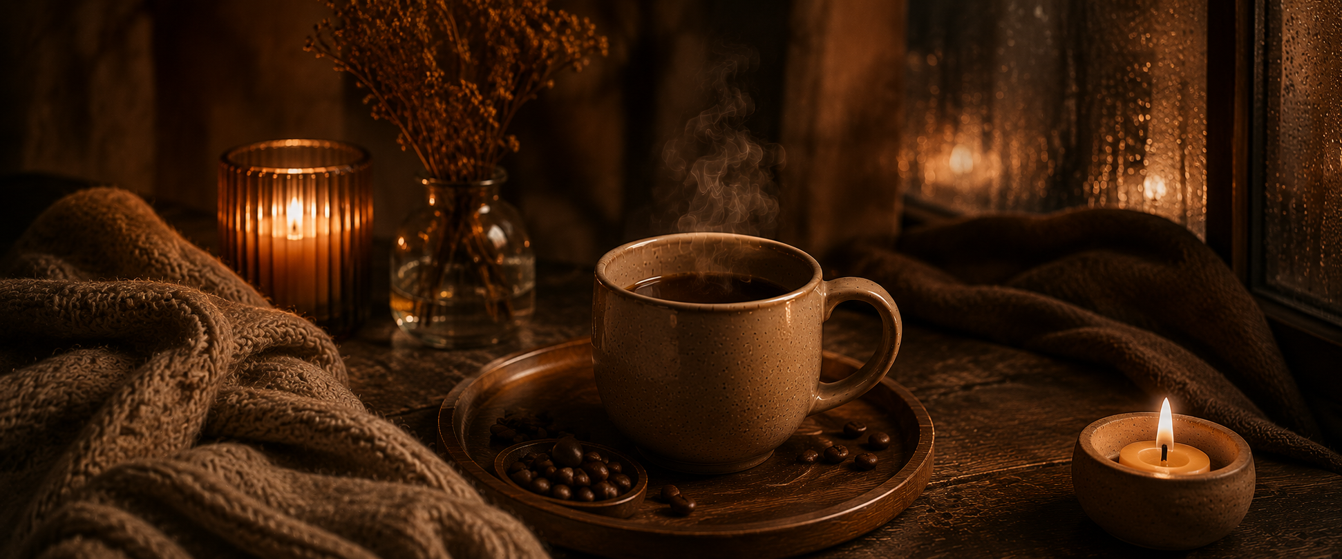 A cinematic cosy coffee scene featuring a steaming ceramic mug, soft knitted blankets, candlelight reflections, coffee beans, and warm amber lighting beside a rainy window in the Warmery slow living aesthetic.