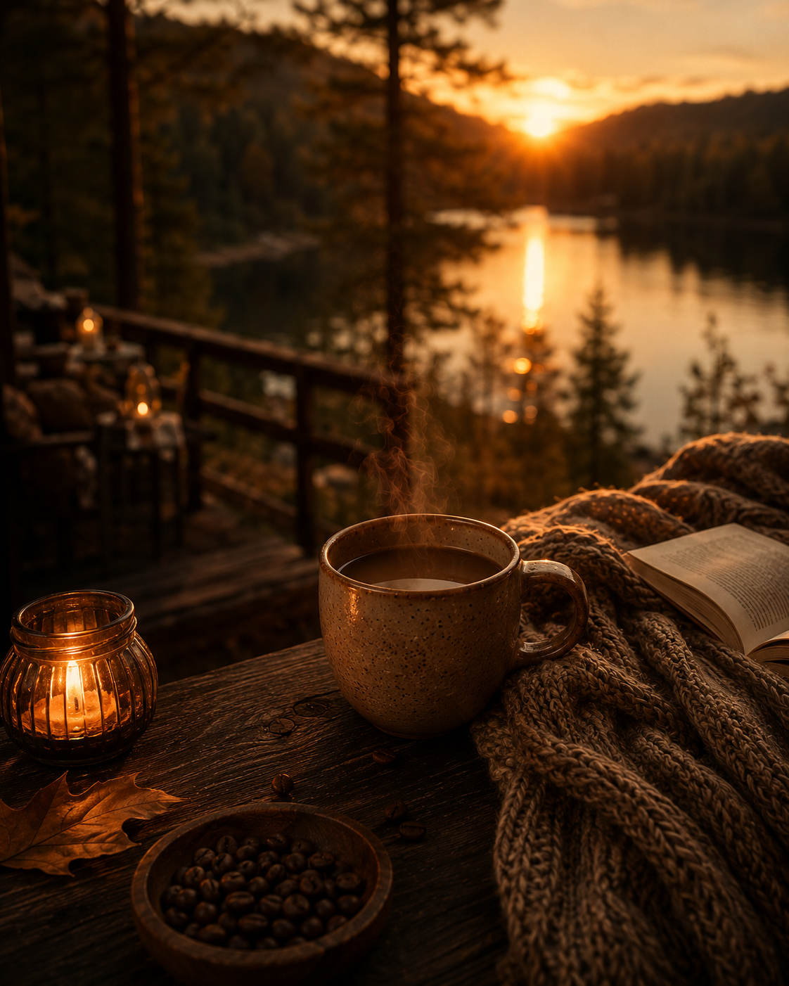 A cinematic cosy coffee moment beside a peaceful lakeside at sunset featuring a steaming ceramic mug, candlelight, knitted blanket, coffee beans, and warm golden evening reflections in a calm slow living atmosphere.