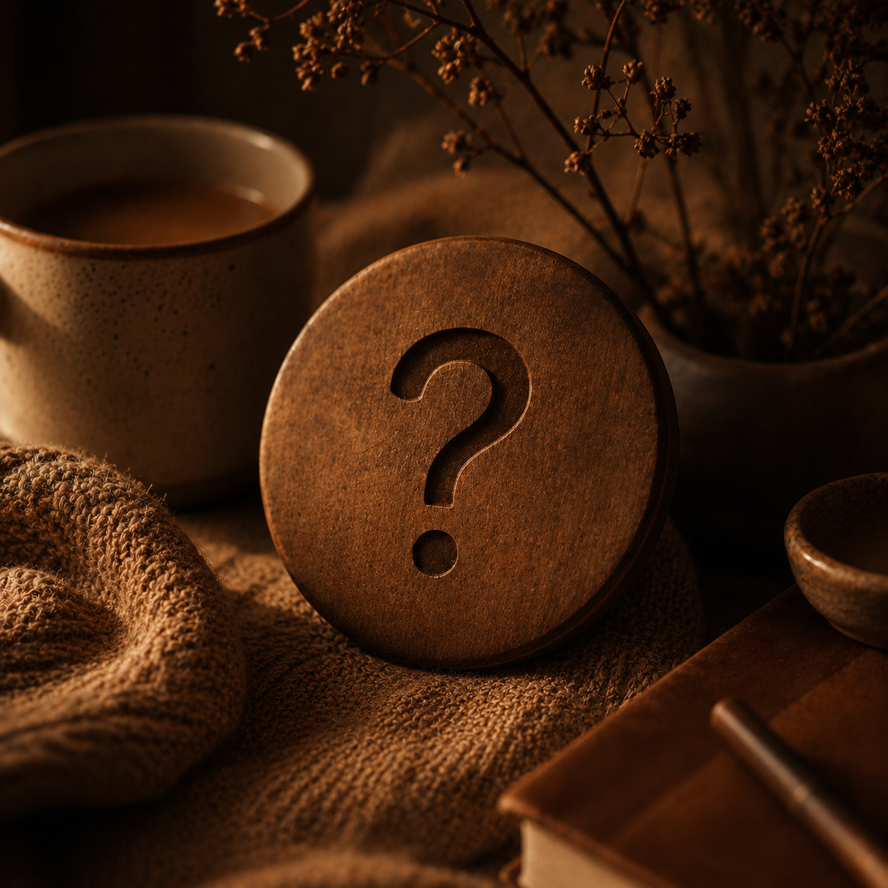 A warm moody still life featuring a wooden question mark plaque surrounded by a ceramic tea mug, knitted fabric, dried flowers, and books in soft amber lighting, creating a cosy and welcoming atmosphere.
