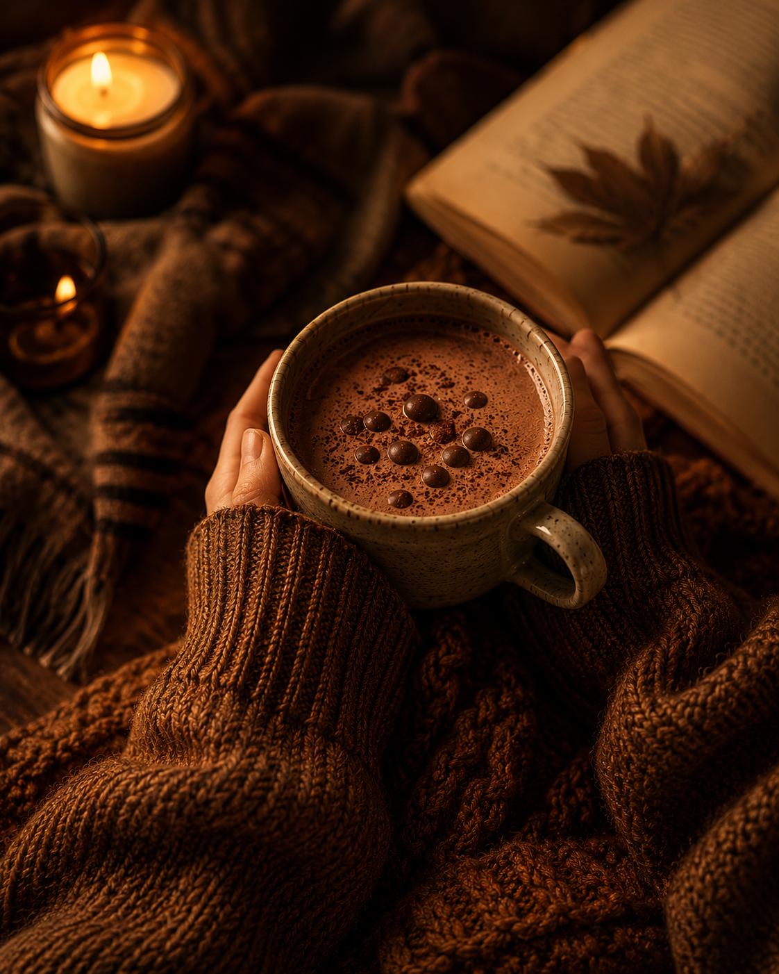 A cosy cinematic scene of hands holding a warm mug of hot chocolate beside candlelight, knitted blankets, and an open book in deep amber lighting with rich Warmery inspired tones.