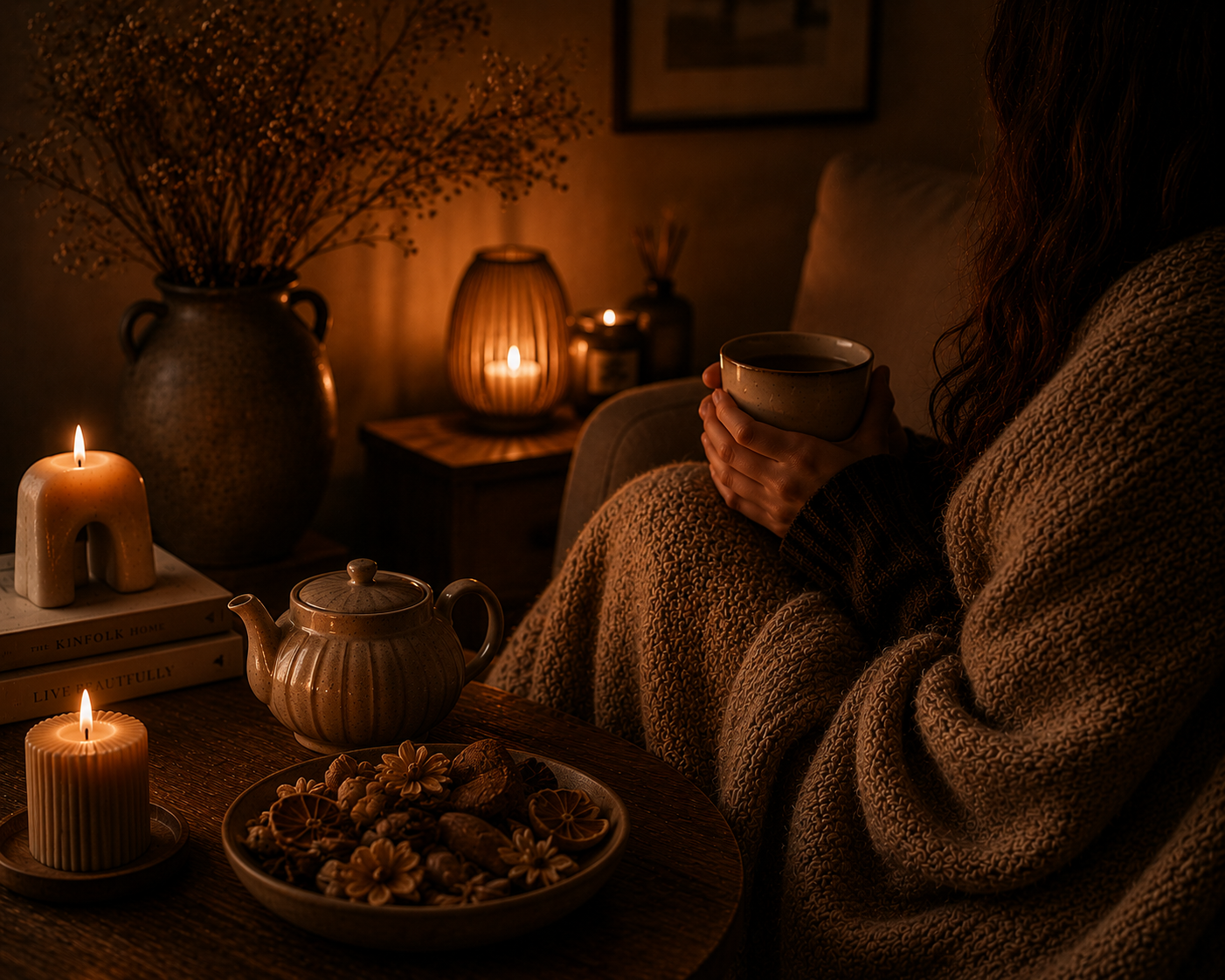 A luxurious cosy slow living scene featuring a person wrapped in a soft blanket holding warm tea beside sculptural candles, textured teapot, potpourri bowl, and deep amber cinematic Warmery inspired lighting with no visible face.