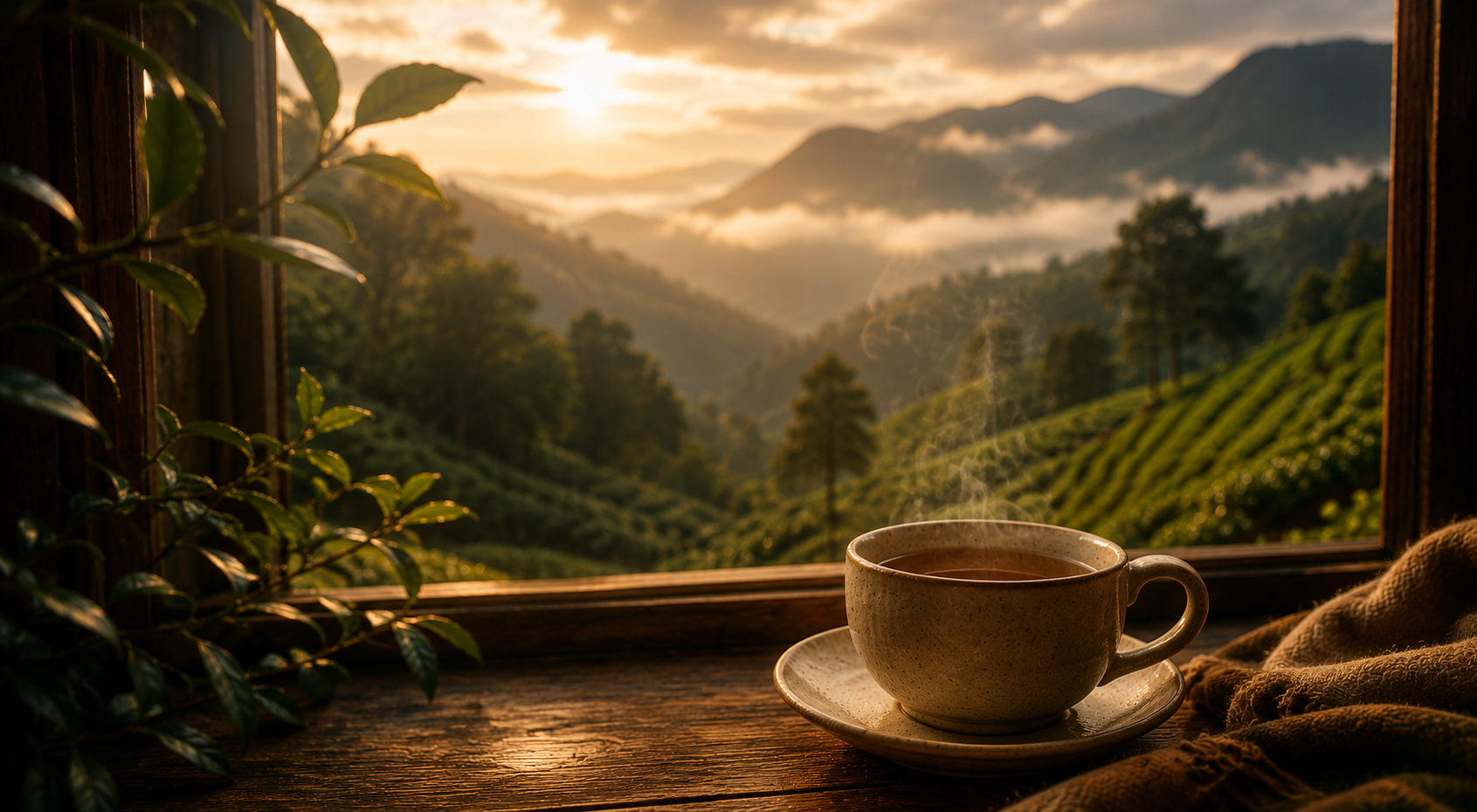 A cinematic cosy banner featuring a steaming cup of Darjeeling tea on a rustic wooden windowsill overlooking misty mountain tea fields at golden hour, with warm amber lighting and deep earthy tones creating a calm slow living atmosphere.