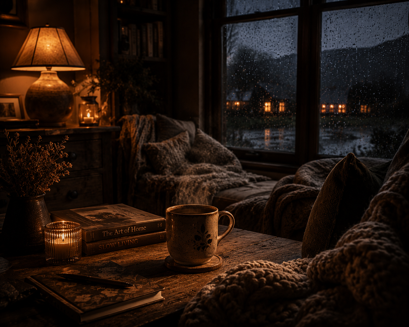 A dark cosy living room with rain outside large windows, glowing amber lamp lighting, a steaming ceramic mug on a rustic wooden table, soft knitted blankets, candles, books, and a peaceful cinematic Warmery inspired slow living atmosphere.