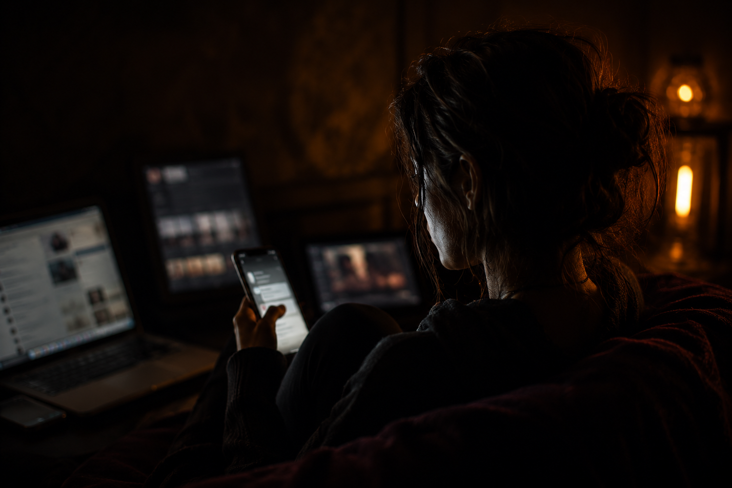 A dark cinematic room illuminated by glowing screens and a phone held in hand, with soft blue screen reflections contrasting against warm amber lighting, creating a tense and emotionally overstimulated atmosphere.