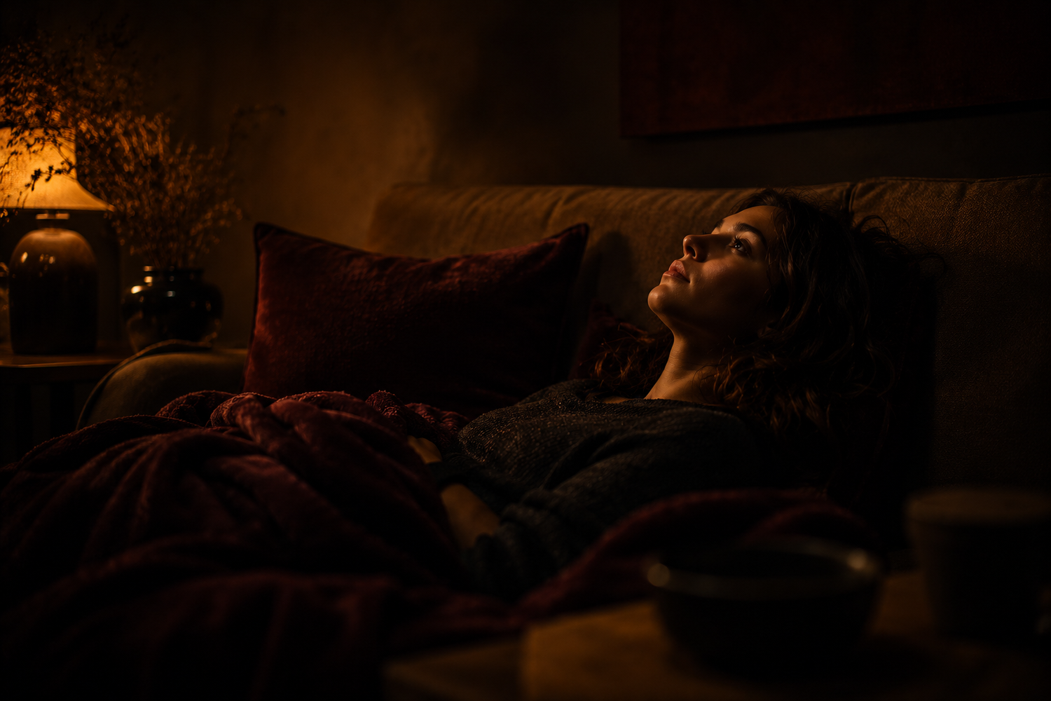 A cinematic moody living room scene featuring a person lying still on a sofa under a crumpled burgundy blanket, illuminated by soft amber lighting with deep shadows creating a quiet atmosphere of emotional exhaustion and introspection.