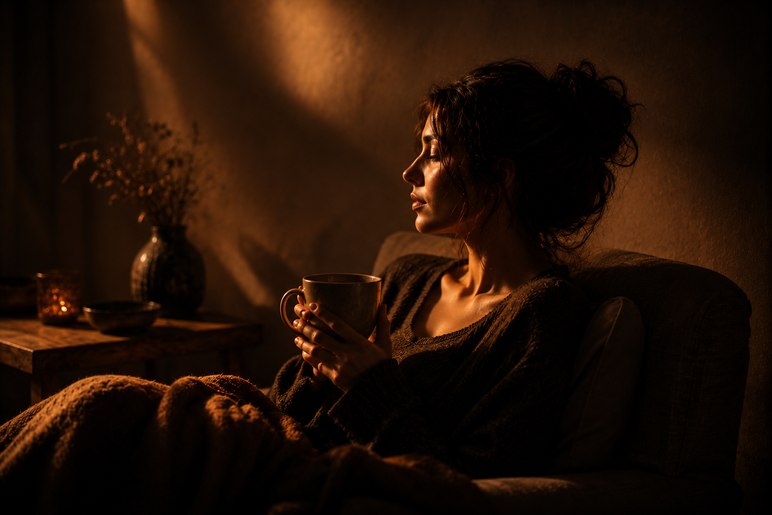 A cinematic cosy interior featuring a person sitting calmly with a warm drink in soft amber lighting, surrounded by deep shadows and minimal décor creating a peaceful atmosphere of emotional relief and quiet stillness.