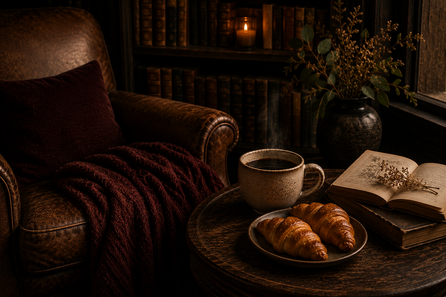 A cosy cinematic library scene featuring a steaming cup of Ethiopian coffee beside buttery croissants, vintage books, candlelight, and a leather armchair with deep burgundy Warmery inspired textures.