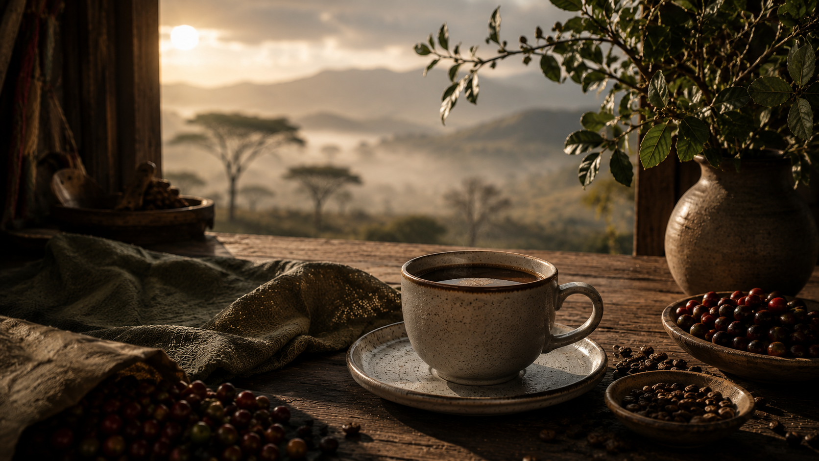 A warm cinematic morning coffee scene featuring a ceramic cup of Ethiopian coffee on a rustic wooden table with coffee cherries and beans, overlooking misty hills in soft golden morning light.