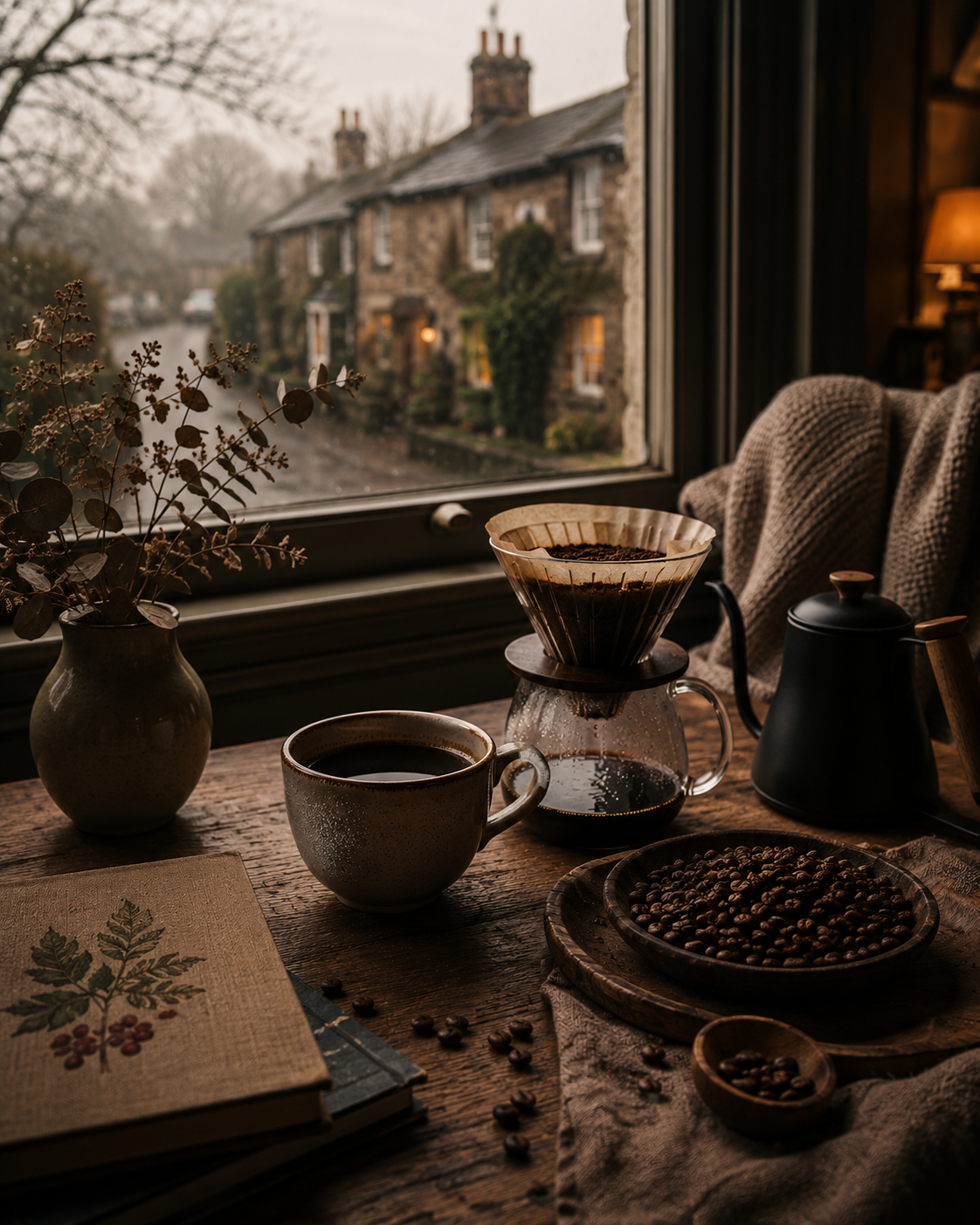 A cosy slow living coffee scene featuring Ethiopian filter coffee and roasted beans on a rustic wooden table beside a rain covered window overlooking a quiet British village in soft warm lighting.