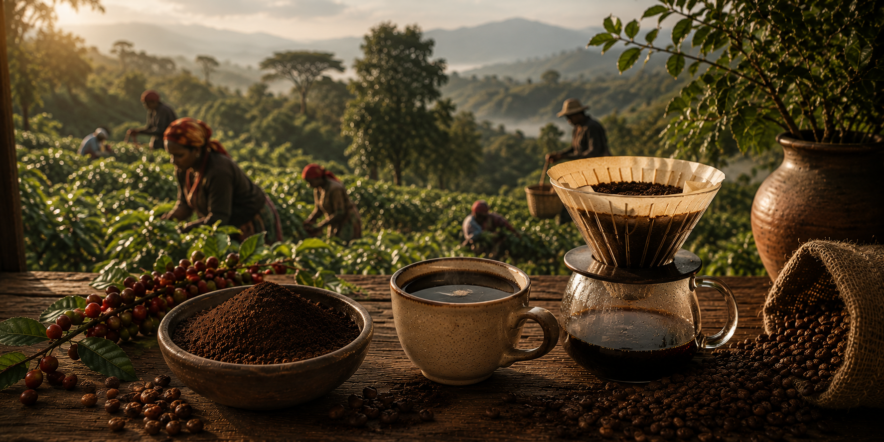 A cinematic Ethiopian coffee scene featuring ground coffee, roasted beans, and pour over filter coffee on a rustic wooden table overlooking workers harvesting coffee on lush plantation hills in warm golden morning light.
