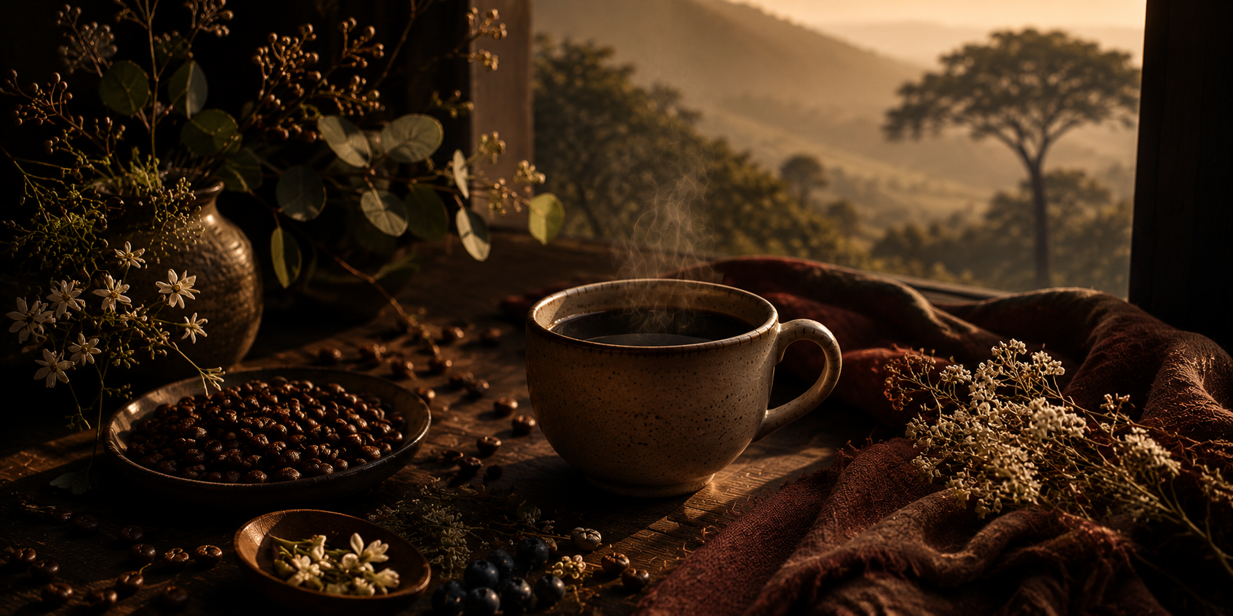 A cinematic Ethiopian Yirgacheffe coffee banner featuring a steaming cup of black coffee beside roasted beans, delicate florals, and soft countryside light in rich warm Warmery inspired tones.