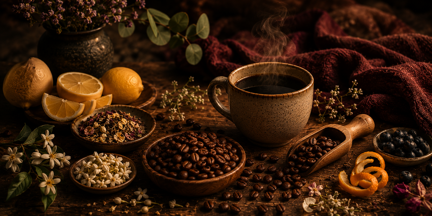 A rich sensory Ethiopian coffee banner featuring a steaming cup of Yirgacheffe coffee beside roasted beans, citrus slices, delicate florals, berries, and deep burgundy textures in warm cinematic Warmery inspired lighting.