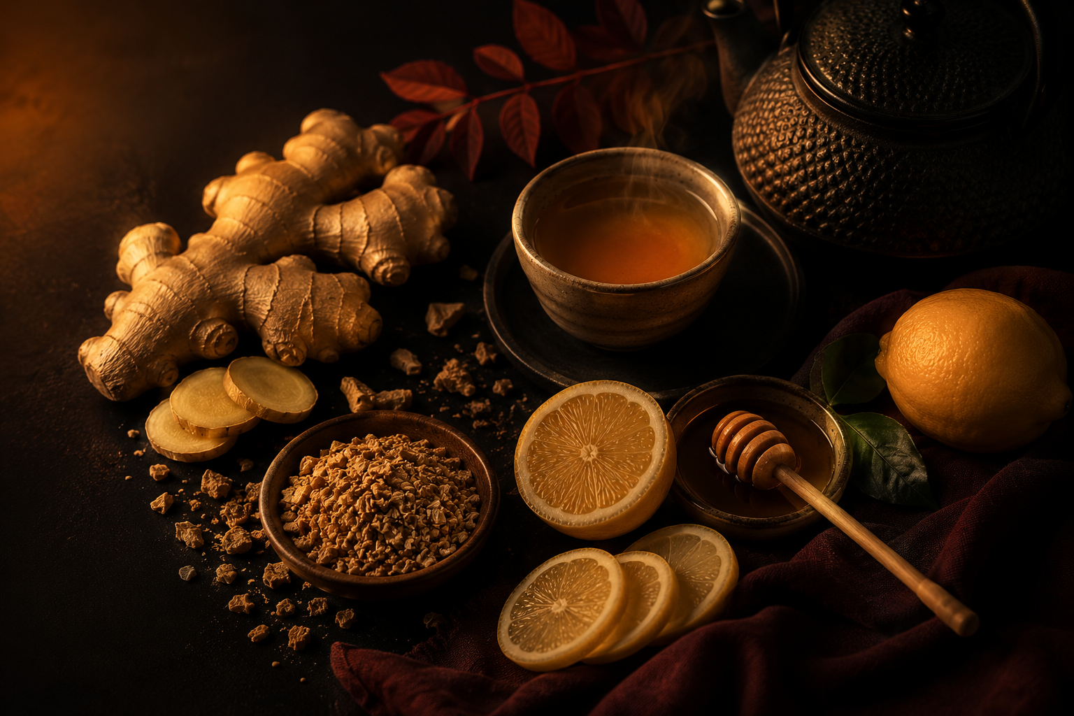 A moody cinematic banner featuring ginger, lemon, honey, and loose tea ingredients with warm amber lighting, deep shadows, and rich Warmery inspired tones on a dark textured background.
