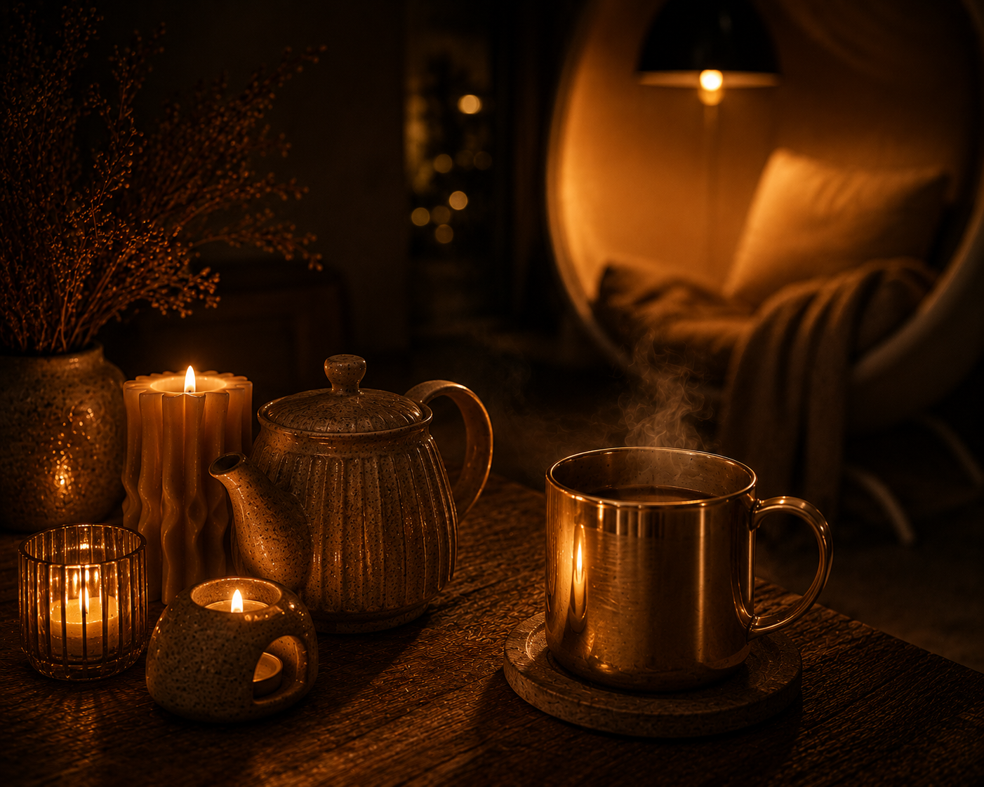 A cinematic cosy evening tea ritual featuring a steaming golden mug beside sculptural candles and a textured ceramic teapot on a dark wooden table, with a softly lit egg chair glowing in the background in rich amber Warmery inspired tones.