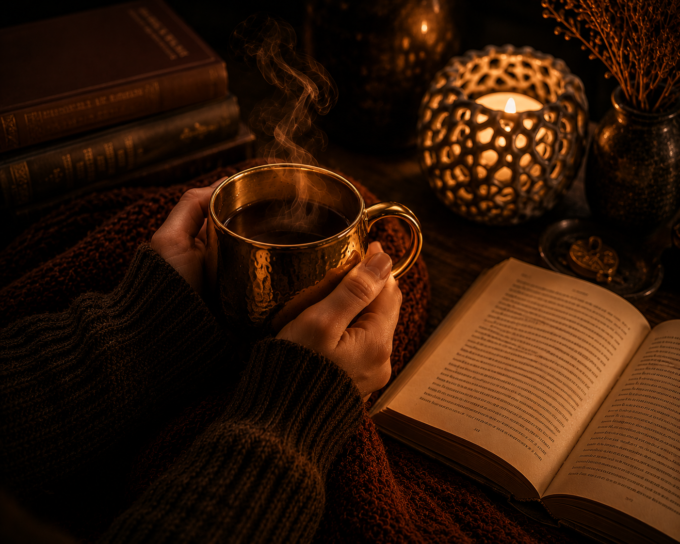 A luxurious cosy slow living scene featuring hands holding a steaming golden ceramic mug beside an open book and artistic candlelight in rich amber shadows with warm cinematic Warmery inspired tones.