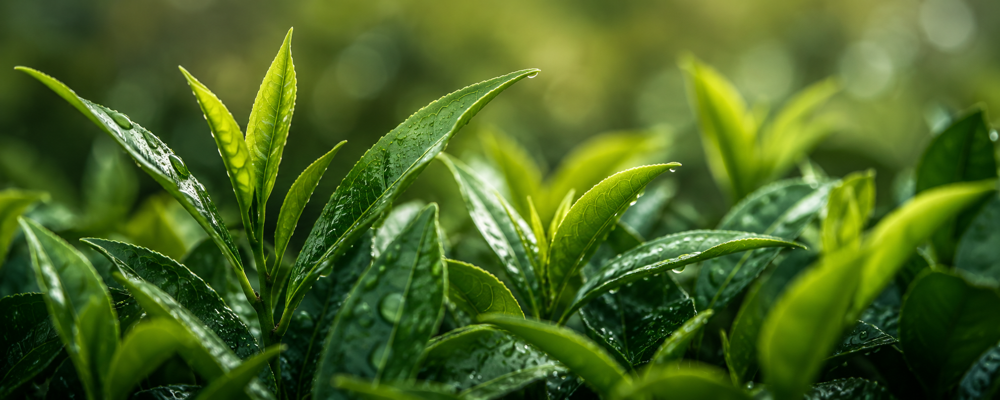 Close up cinematic view of fresh green tea leaves covered in dew with soft natural light and rich botanical tones creating a calm premium tea atmosphere.
