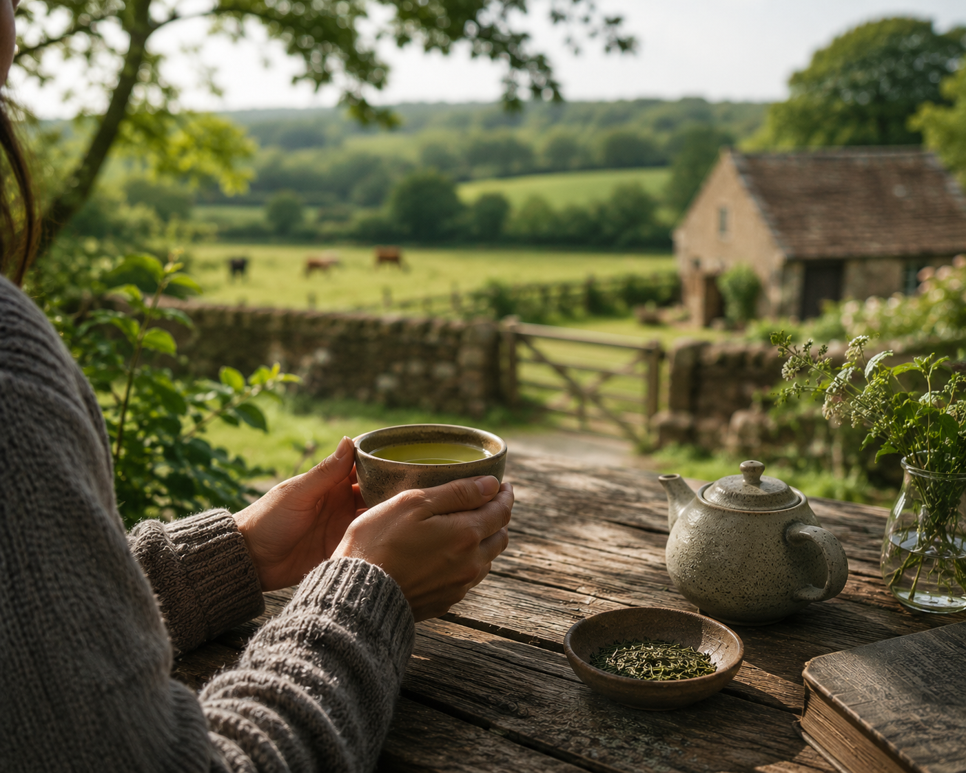 A peaceful slow living scene showing a person holding green tea at a rustic wooden table overlooking a quiet British countryside farm with stone cottages, fields, and soft midday sunlight.