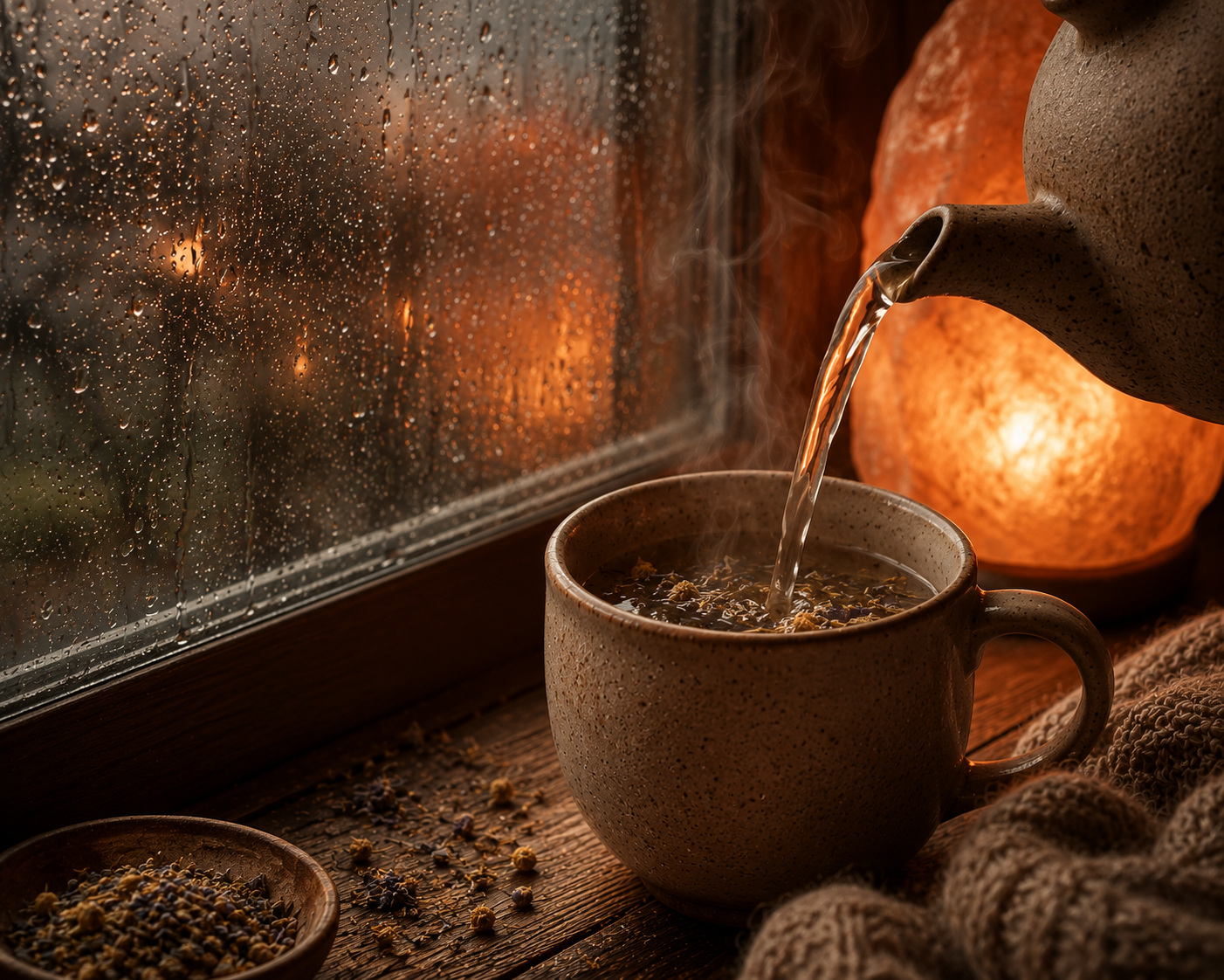 A cinematic close up of herbal tea pouring into a ceramic mug beside a realistic rain covered window, with rising steam, glowing volcanic salt lamp reflections, cosy knitted textures, and a warm slow living Warmery inspired atmosphere.