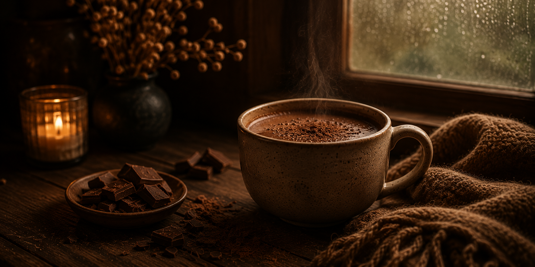 A cosy cinematic hot chocolate scene featuring a steaming ceramic mug beside candlelight, dark chocolate pieces, soft knitted textures, and rain against a window in warm amber lighting.