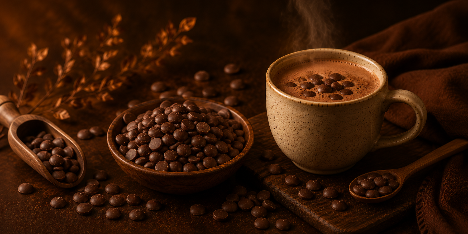 A warm cinematic hot chocolate scene featuring small chocolate drops beside a steaming mug of hot cocoa in rich amber lighting with deep moody shadows and cosy rustic textures.