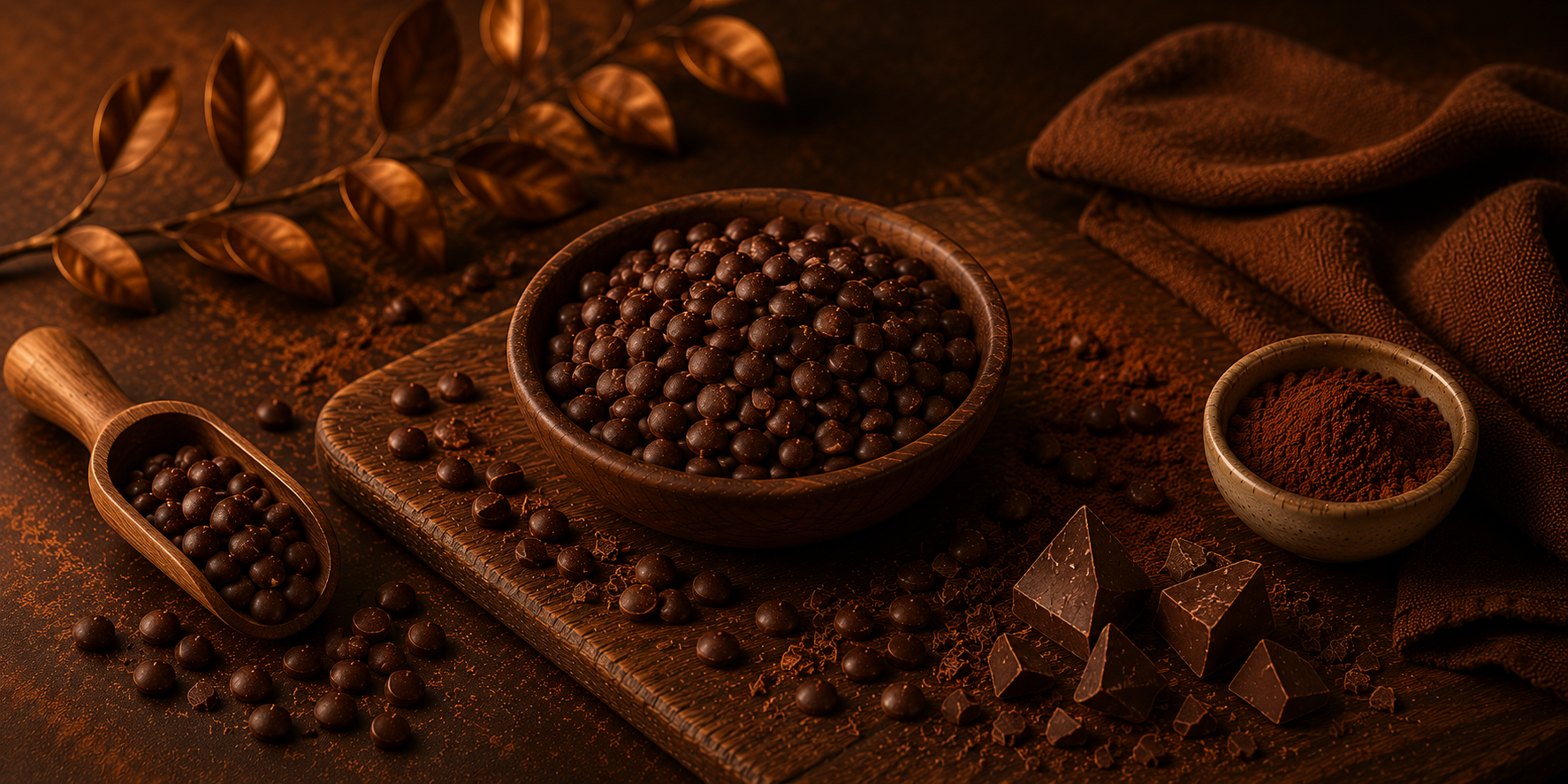 A moody cinematic banner featuring small hot chocolate drops, cocoa powder, and dark chocolate pieces arranged on rustic wooden textures with rich amber lighting and deep Warmery inspired tones.