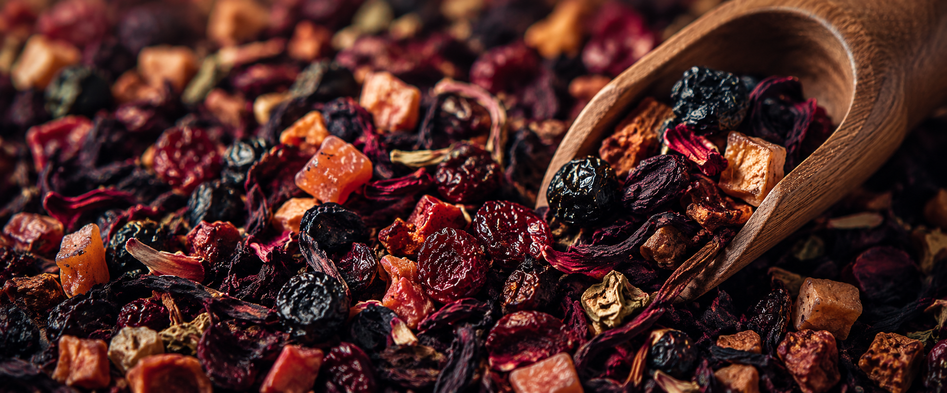 Close up cinematic banner of loose fruit tea blend with dried berries, hibiscus petals, and fruit pieces spilling from a wooden scoop in rich warm moody lighting.