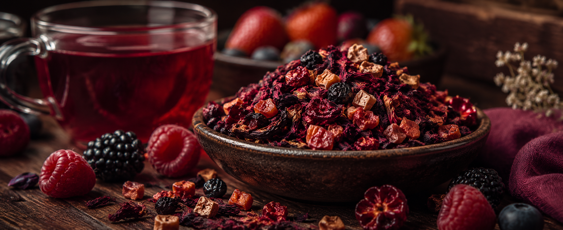 A rich cinematic tea banner featuring loose fruity tea blend with berries, hibiscus, and dried fruit beside a deep red fruit tea in warm moody lighting on a rustic wooden surface.