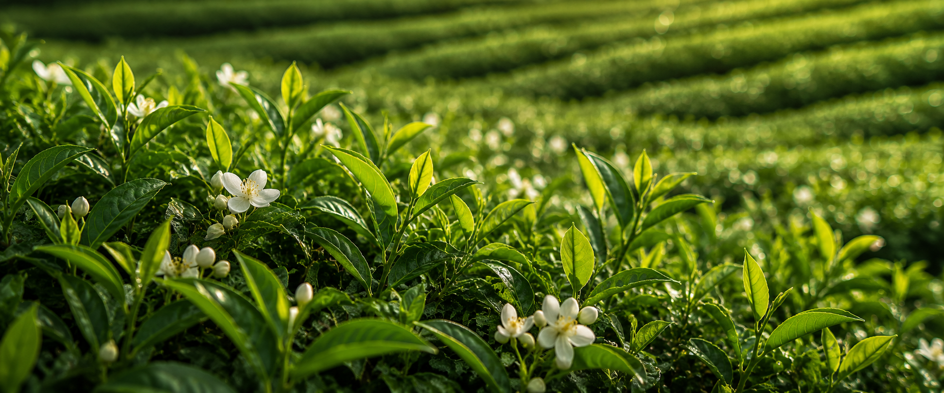 A cinematic jasmine green tea plantation banner featuring fresh green tea leaves and delicate jasmine blossoms glowing in soft natural sunlight across lush tea fields.