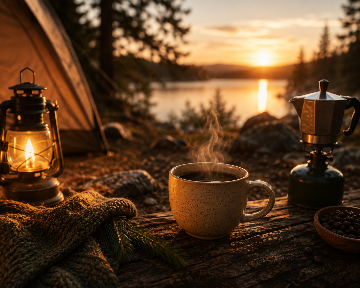 A cosy outdoor camping scene featuring a steaming cup of Kenyan coffee beside a lantern and moka pot near a lakeside tent at sunset with warm golden lighting and rustic textures.