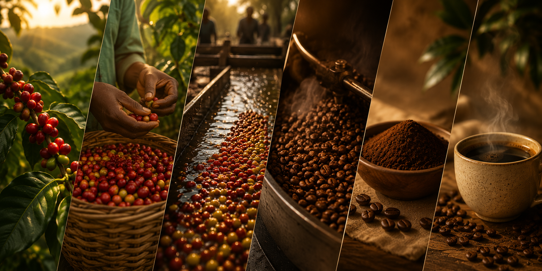 A cinematic banner showing the Kenyan coffee process from ripe coffee cherries and hand harvesting to washing, roasting, grinding, and brewing a fresh cup of coffee in warm golden lighting.