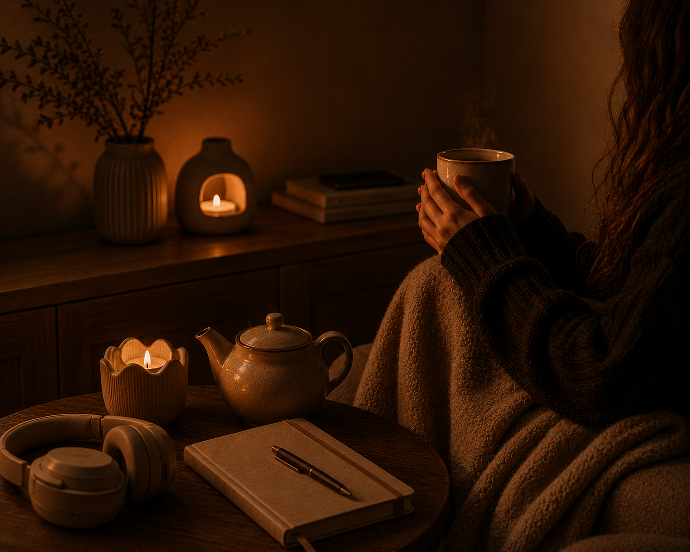 A minimal cosy evening slow living scene featuring warm sculptural candlelight, a steaming tea ritual, notebook and pen, soft headphones, and a phone placed away from the seating area in rich amber cinematic Warmery inspired tones.