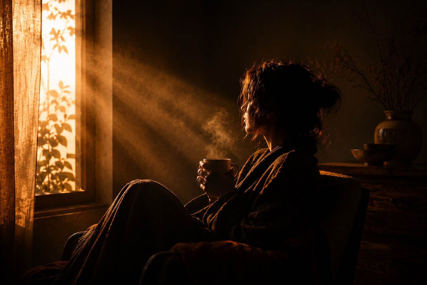 A cinematic morning interior featuring a person holding a steaming cup of tea beside a softly glowing window, with warm amber light beams cutting through shadows and creating a calm atmosphere of clarity, stillness, and emotional release.