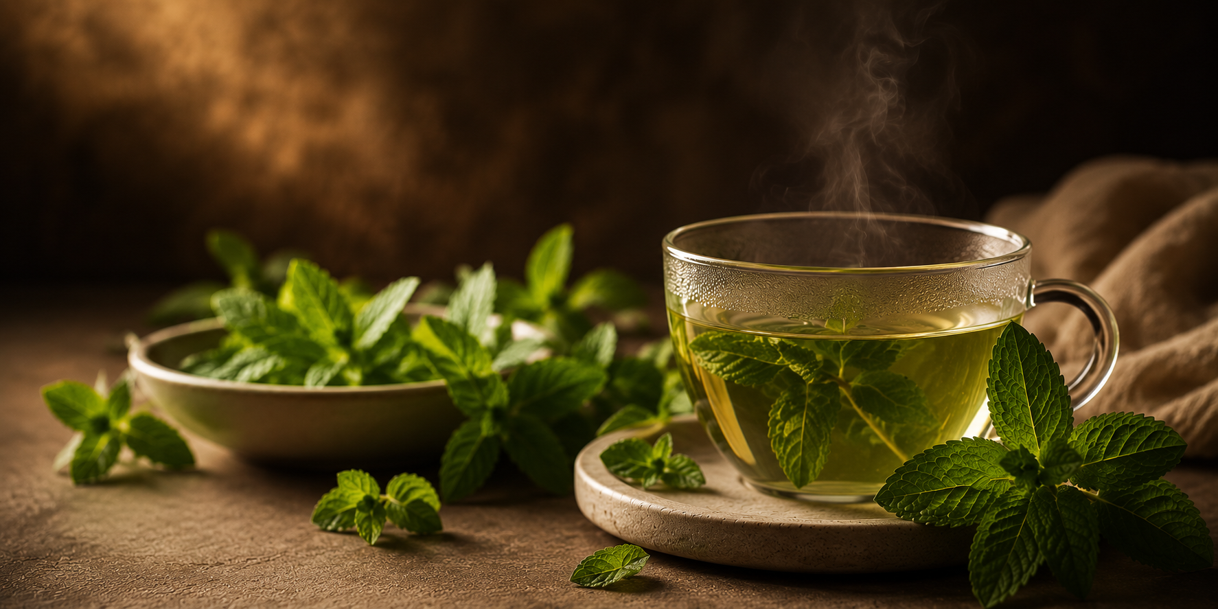 A moody banner scene featuring steaming peppermint tea in a clear glass cup surrounded by fresh mint leaves, with warm amber lighting and deep earthy background tones creating a calm and refreshing atmosphere.