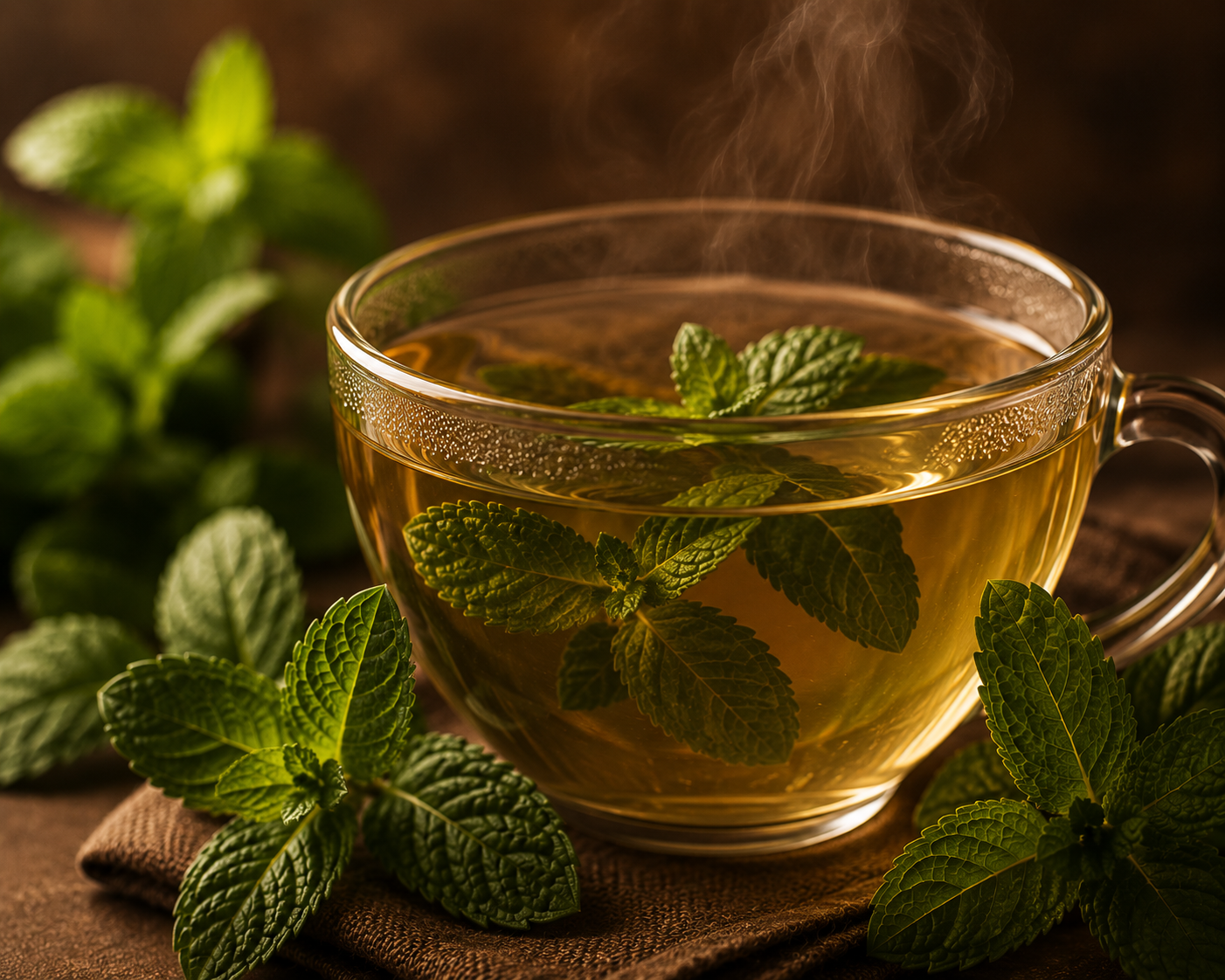 Close up of steaming peppermint tea in a clear glass cup surrounded by fresh mint leaves, with warm amber lighting and deep earthy Warmery-inspired tones creating a calm and refreshing atmosphere.