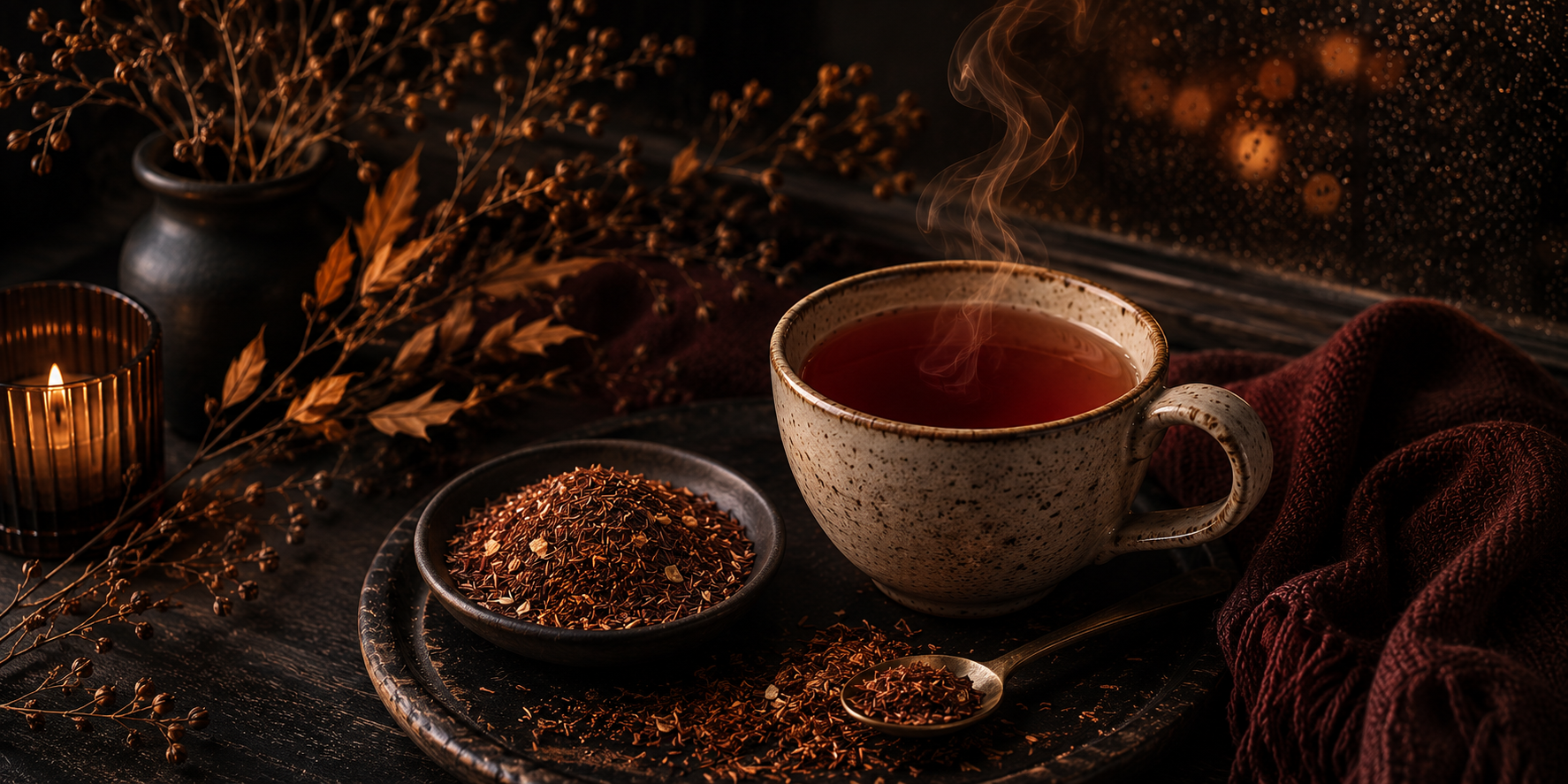 A moody cinematic rooibos tea banner featuring a steaming cup of amber tea beside loose rooibos leaves, candlelight, deep burgundy textiles, and warm amber highlights in the Warmery colour palette.