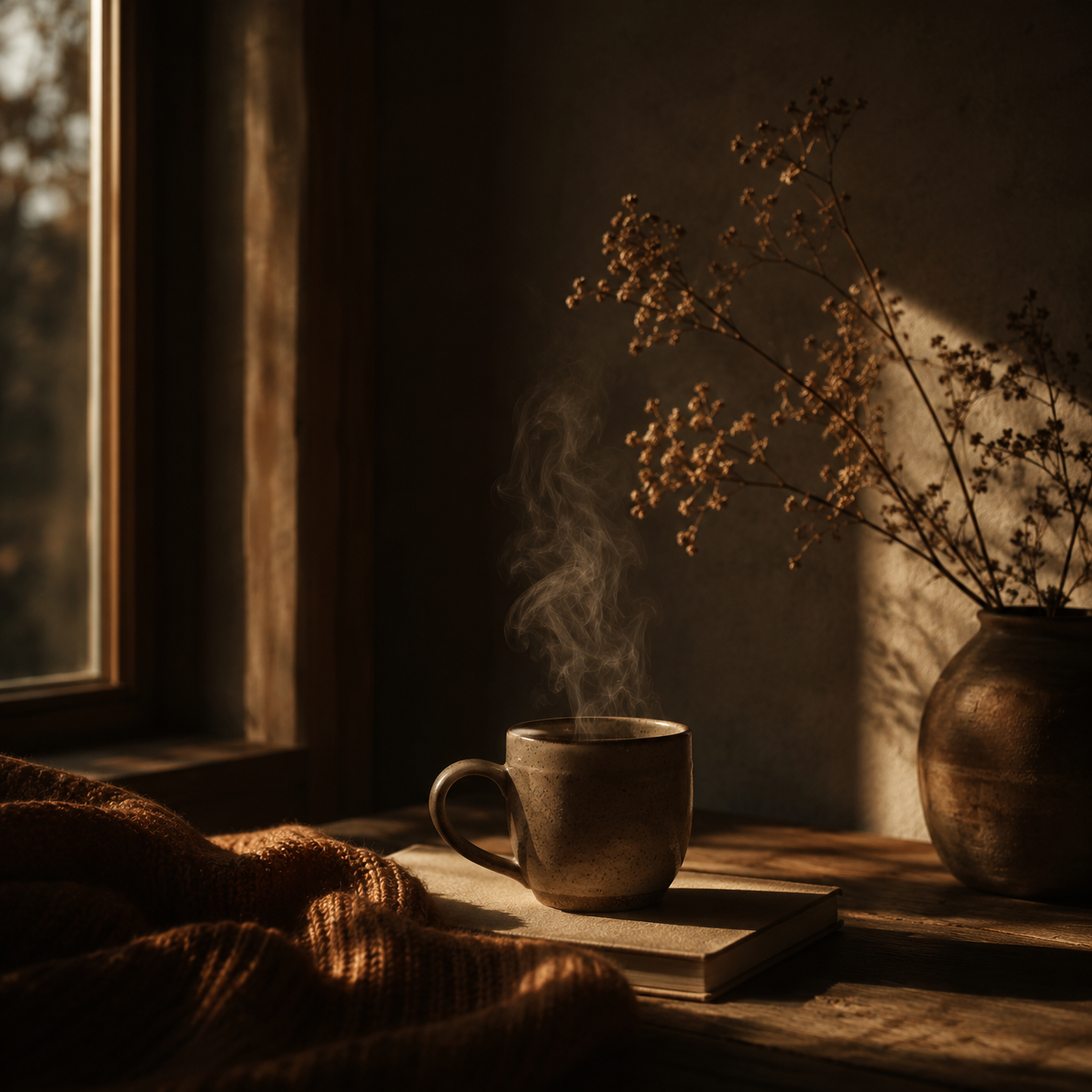 A moody cinematic still life of a steaming ceramic mug resting on a book beside a softly draped knitted blanket, illuminated by warm amber window light against deep shadowed tones, with dried flowers in a rustic vase creating a calm and quiet morning atmosphere.