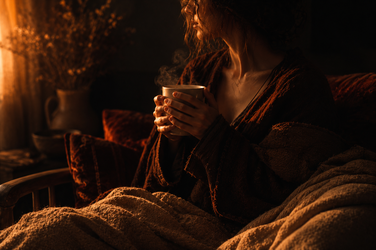 A cinematic intimate interior showing a person holding a steaming mug close to their chest in soft amber lighting, with velvet and linen textures, deep shadows, and a calm grounded atmosphere conveying reassurance and stillness.